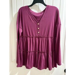 Women’s XL Half button Long sleeve Ruffle Hem Blouse In Plum